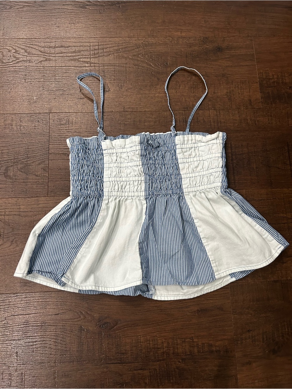 American Eagle Outfitters Blue & White Striped Smocked Peplum Cami